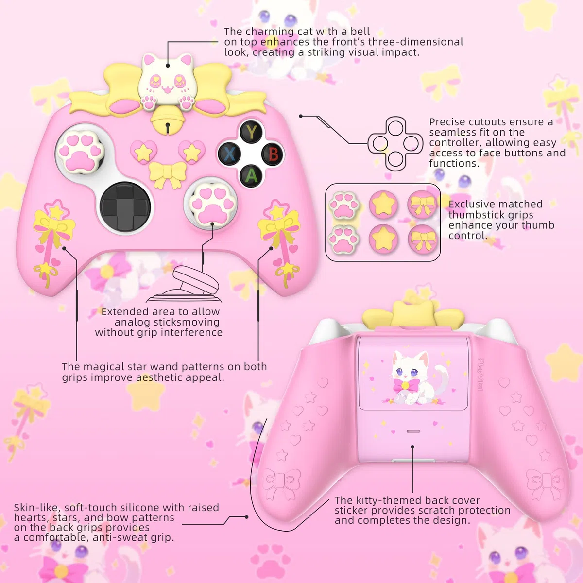 playvital Cover Silicone per Xbox Series X S Joystick,Custodia Controller Skin Antiscivolo Protettiva&6 Copri Levette Analogiche-Gattino Carino-Rosa