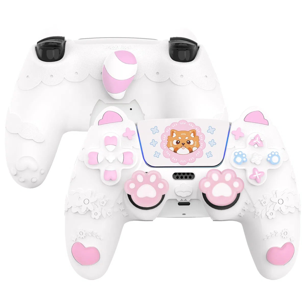 PlayVital Cover Controller per ps5 Joystick, Custodia Silicone Skin Antiscivolo&Copri Analogici&Adesivi, Adatto per ps5 Base di Ricarica, Panda Minore di Primavera Carino - Bianco