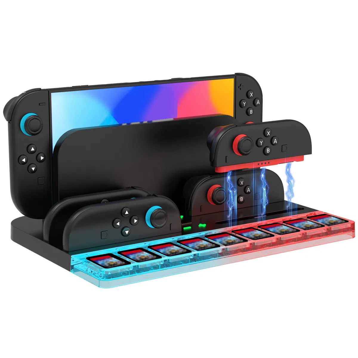 Caricatore Joycon per Nintendo Switch 2, Stazione di Ricarica per Controller Switch 2 con 7 Luci RGB/9 Memorizzazione Della Scheda di Gioco, Compatibile con 4 Joy Con