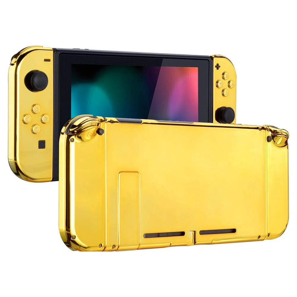 eXtremeRate Cover Pulsanti Tasti Kit Ricambio per Nintendo Switch Joycon Console,Cover Custodia Guscio Scocca Shell DIY Ricambio per Nintendo Switch(Senza Console/Joycon)-Oro Cromo