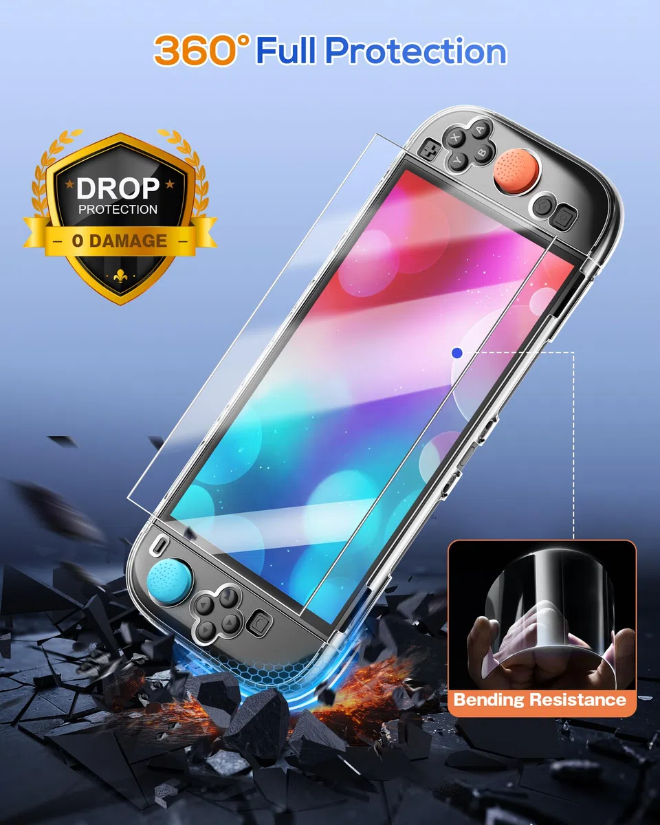FYOUNG Custodia protettiva e pellicola protettiva per Nintendo Switch 2 (2025), set di accessori 3 in 1 per Switch 2, guscio rigido in policarbonato trasparente, 2 pellicole in vetro, 8 impugnature