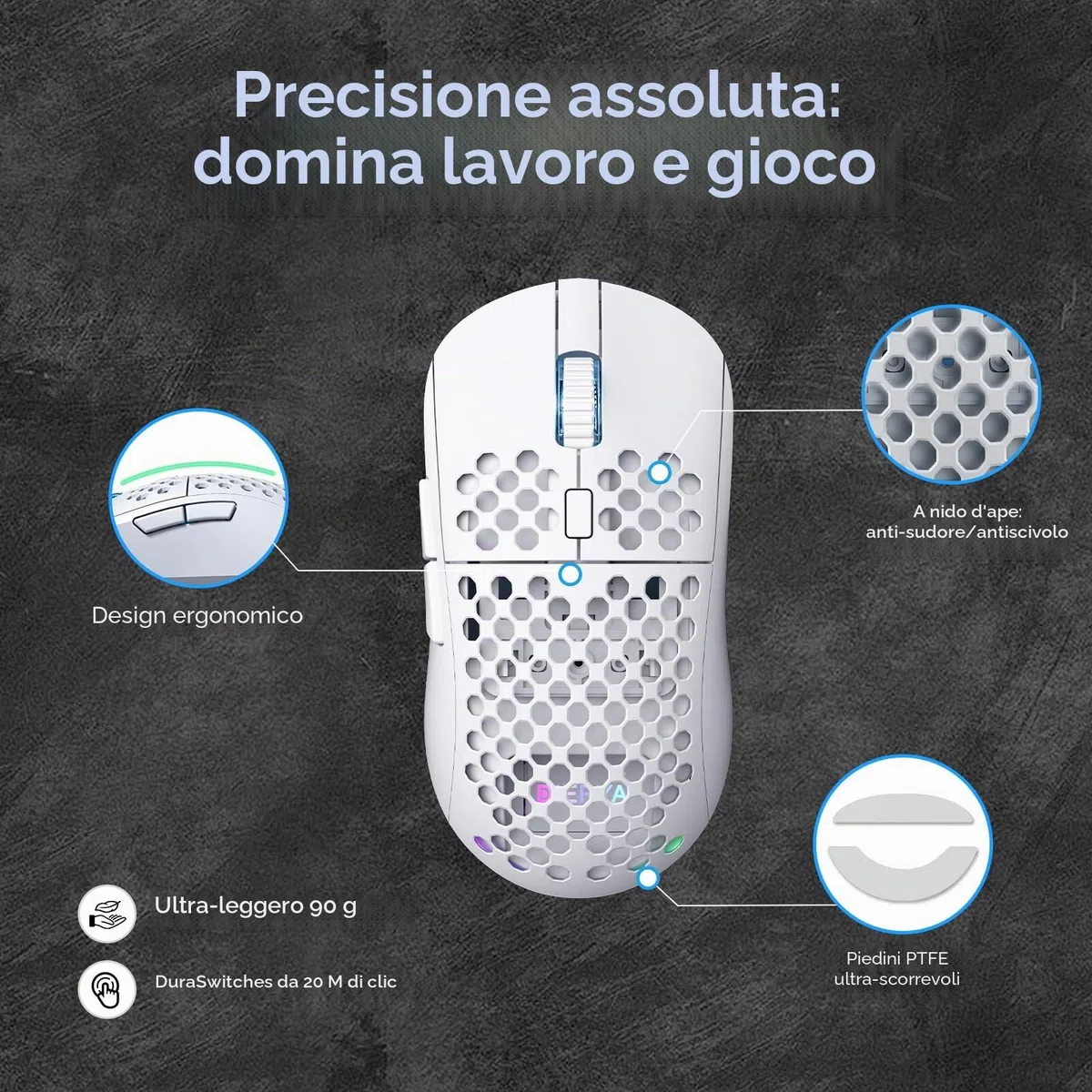 Dierya x TMKB M1 Mouse Wireless Gaming, Sensore Ottico 24,000 DPI, 90 g Leggero, 6 Pulsanti Programmabili, Illuminazione RGB, 2.4GHz/Bluetooth/USB-C mouse con filo/senza fili, Bianco