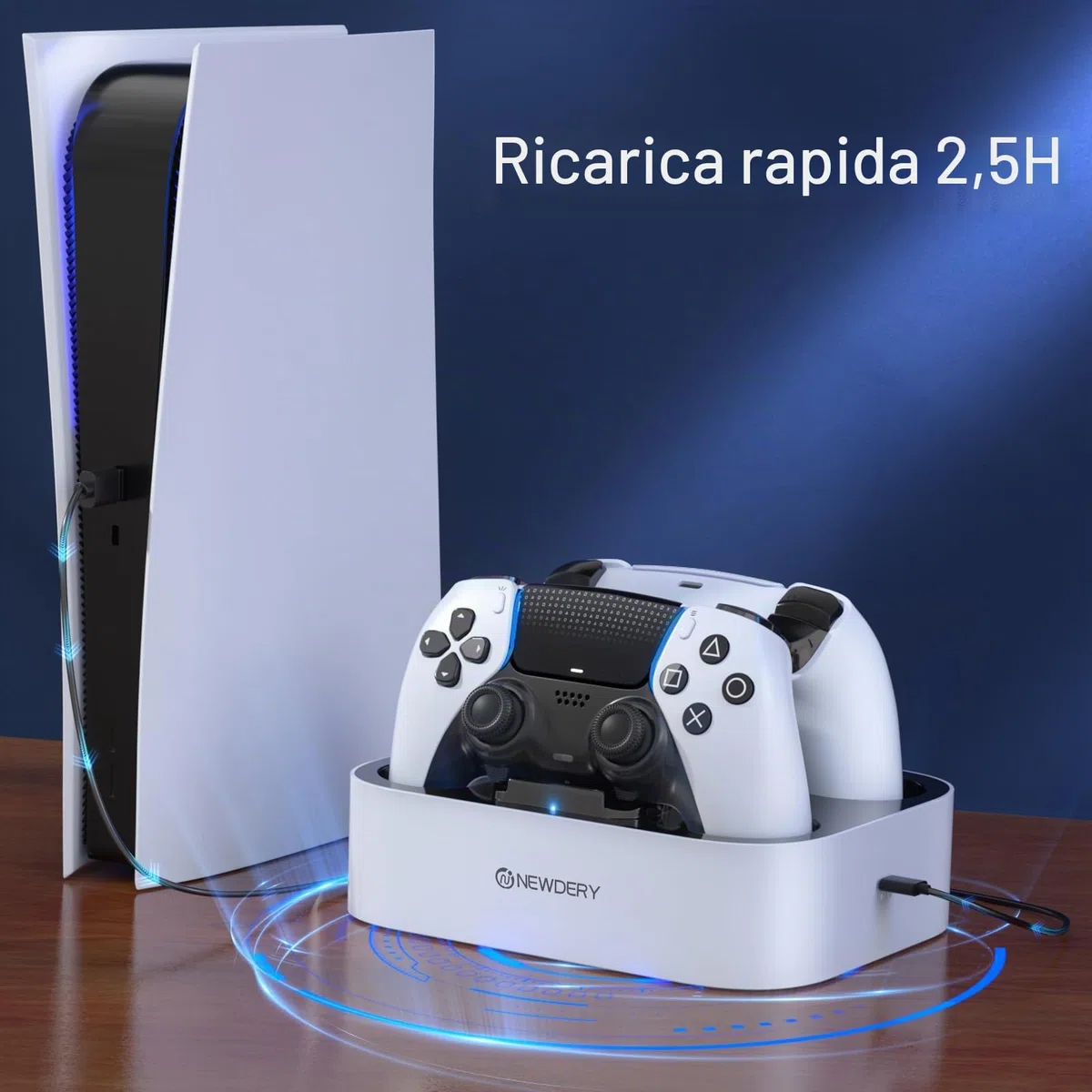 NEWDERY Stazione di ricarica per controller PS5 Dual-Sense Edge & PS5, docking a ricarica rapida, supporto per controller Play-Station 5 Edge & PS5 con indicatori luminosi a LED