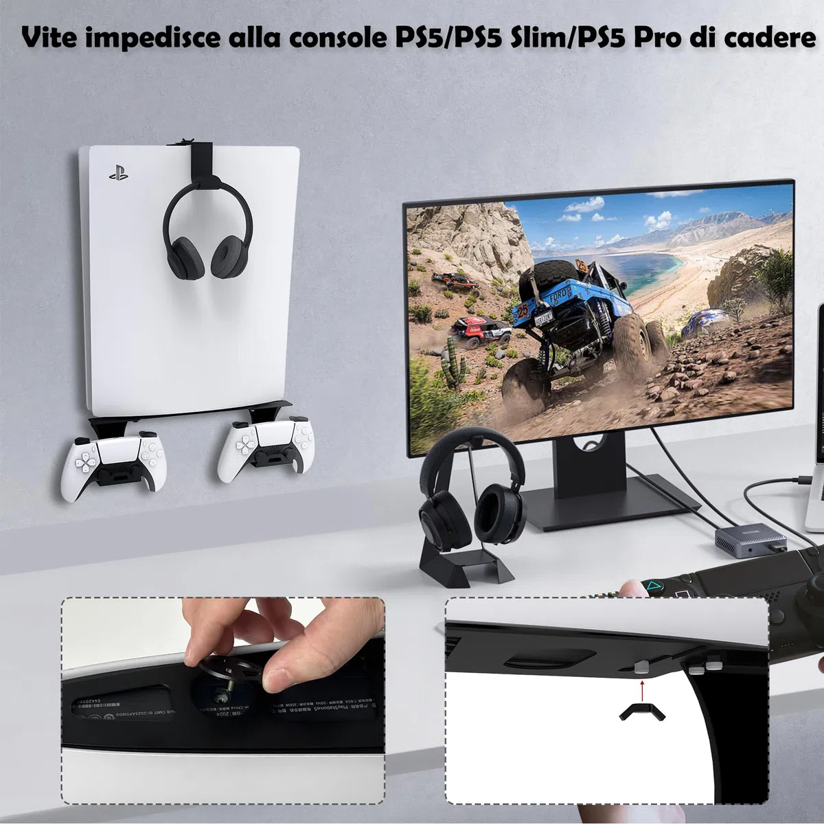Supporto da parete per PS5/PS5 Slim/PS5 Pro con supporto per controller e supporto per cuffie, accessori in metallo solido per PS5 - Nero
