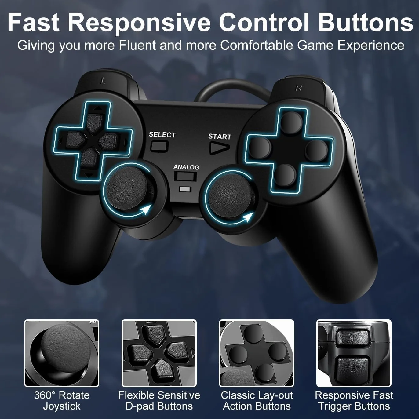 FLLAGG20 | 2X Controller cablato Compatibile con Ps2, PS1, PSX | Nero, 1.8m cavo, | Doppia Vibrazione, Plug and Play, layout ergonomico | Joystick Compatibile con giochi arcade