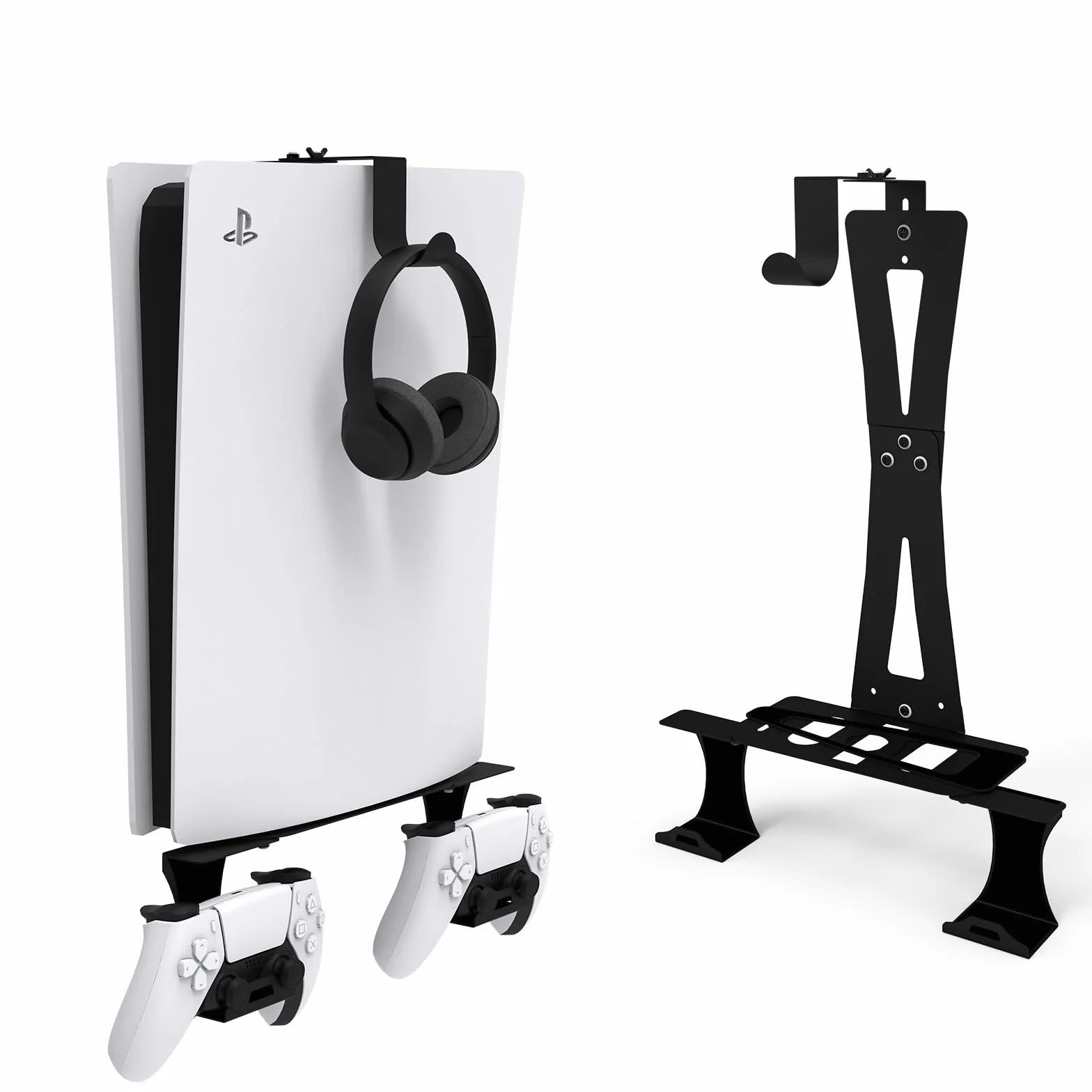 Supporto da parete per PS5/PS5 Slim/PS5 Pro con supporto per controller e supporto per cuffie, accessori in metallo solido per PS5 - Nero