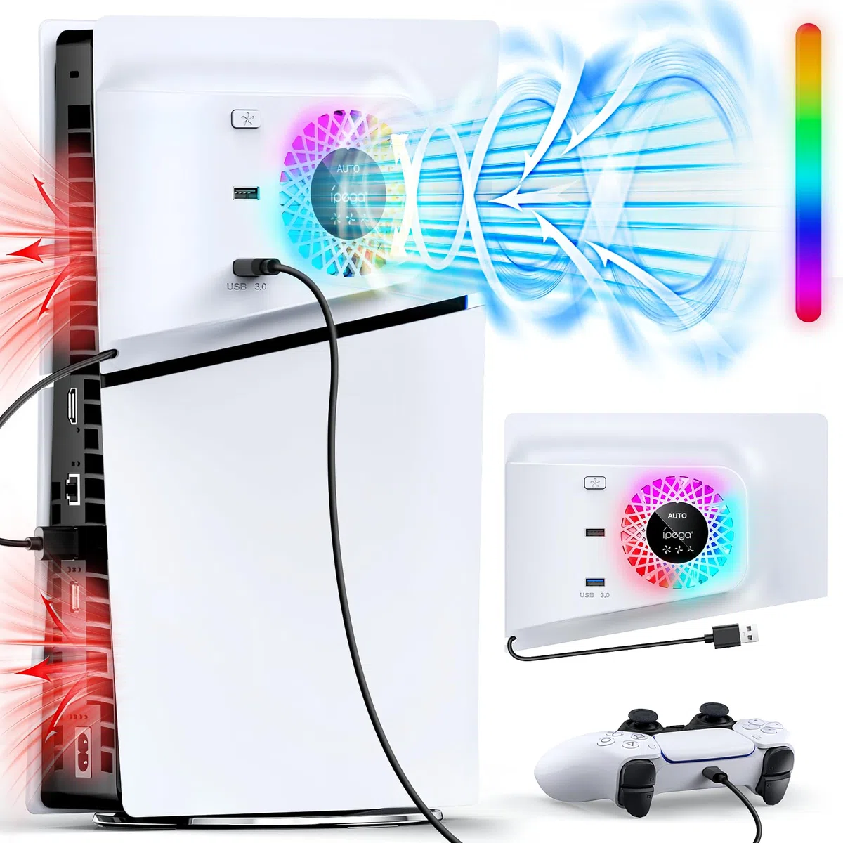 FASTSNAIL Ventola di raffreddamento RGB con piastra di copertura per PS5 Slim, velocità automatica regolabile tramite sensori di temperatura, 3 velocità manuale e hub USB
