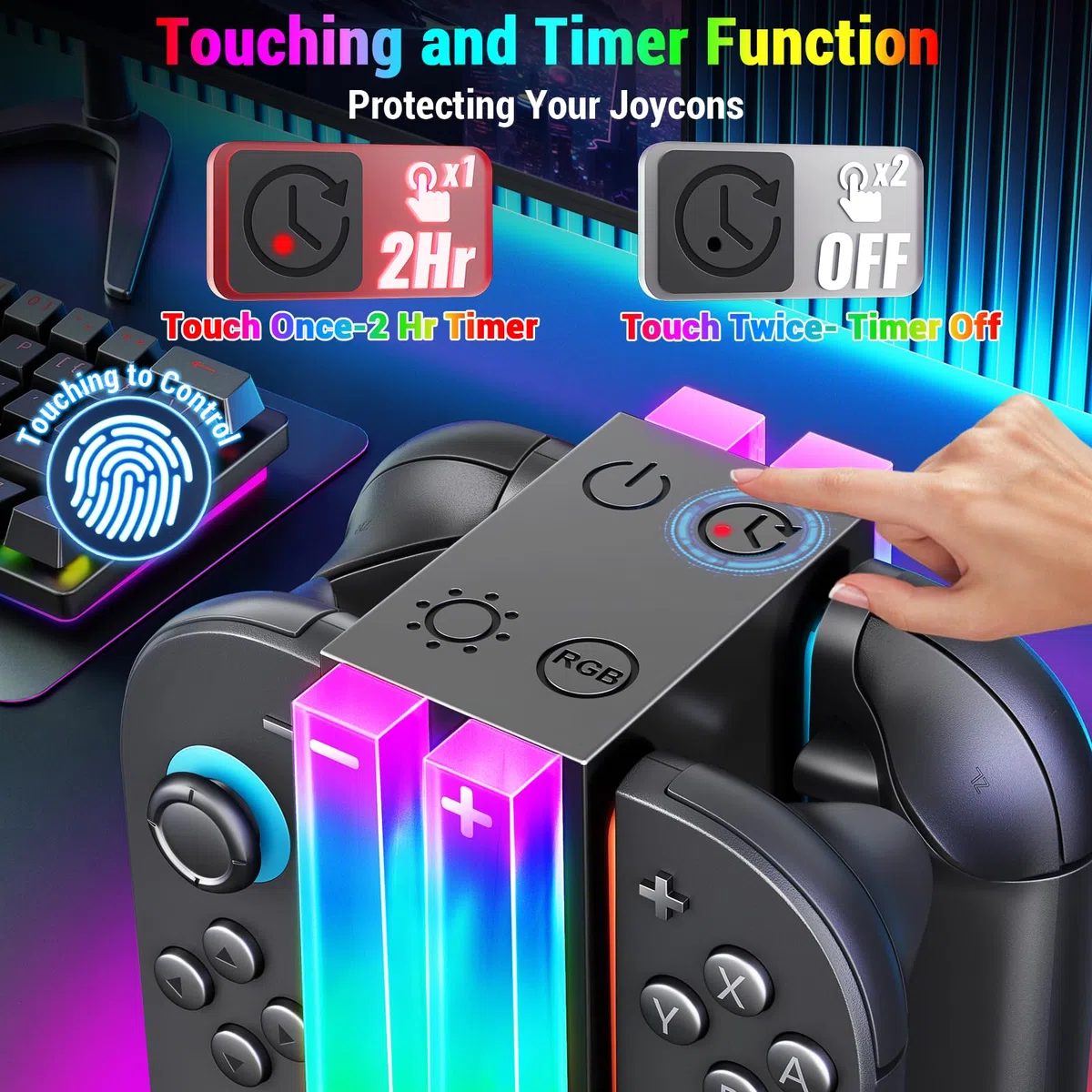 Stazione di ricarica per Switch 2 Joy cons, Caricatore di Joycon Compatibile con Nintendo Switch 2 Controller con 6 Modalità di Luce RGB e Funzione Timer