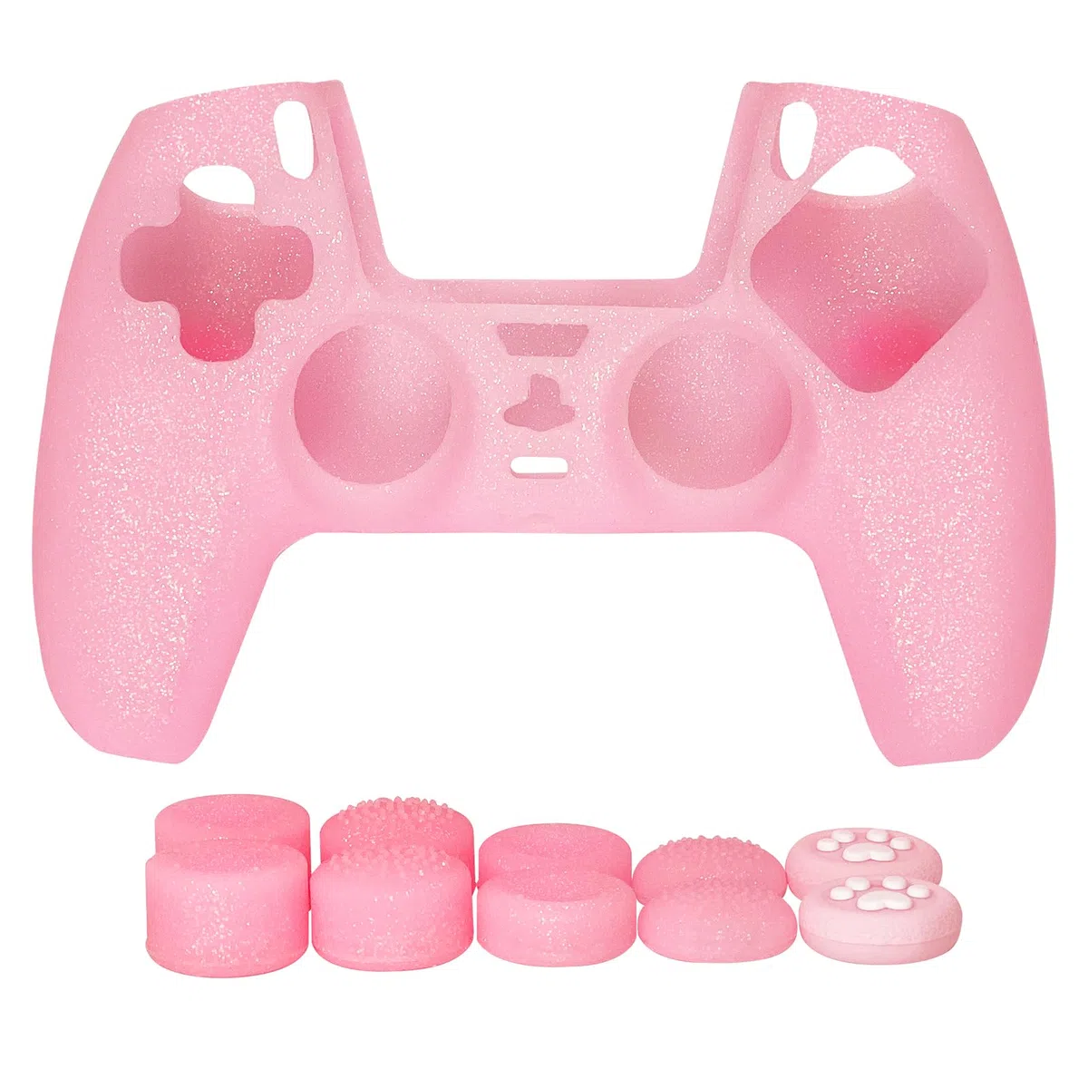 Cover protettiva in silicone antiscivolo rosa glitterata compatibile con controller PS5/Slim/Pro, 8 tappi per pollice glitterati e 2 tappi per impugnature.