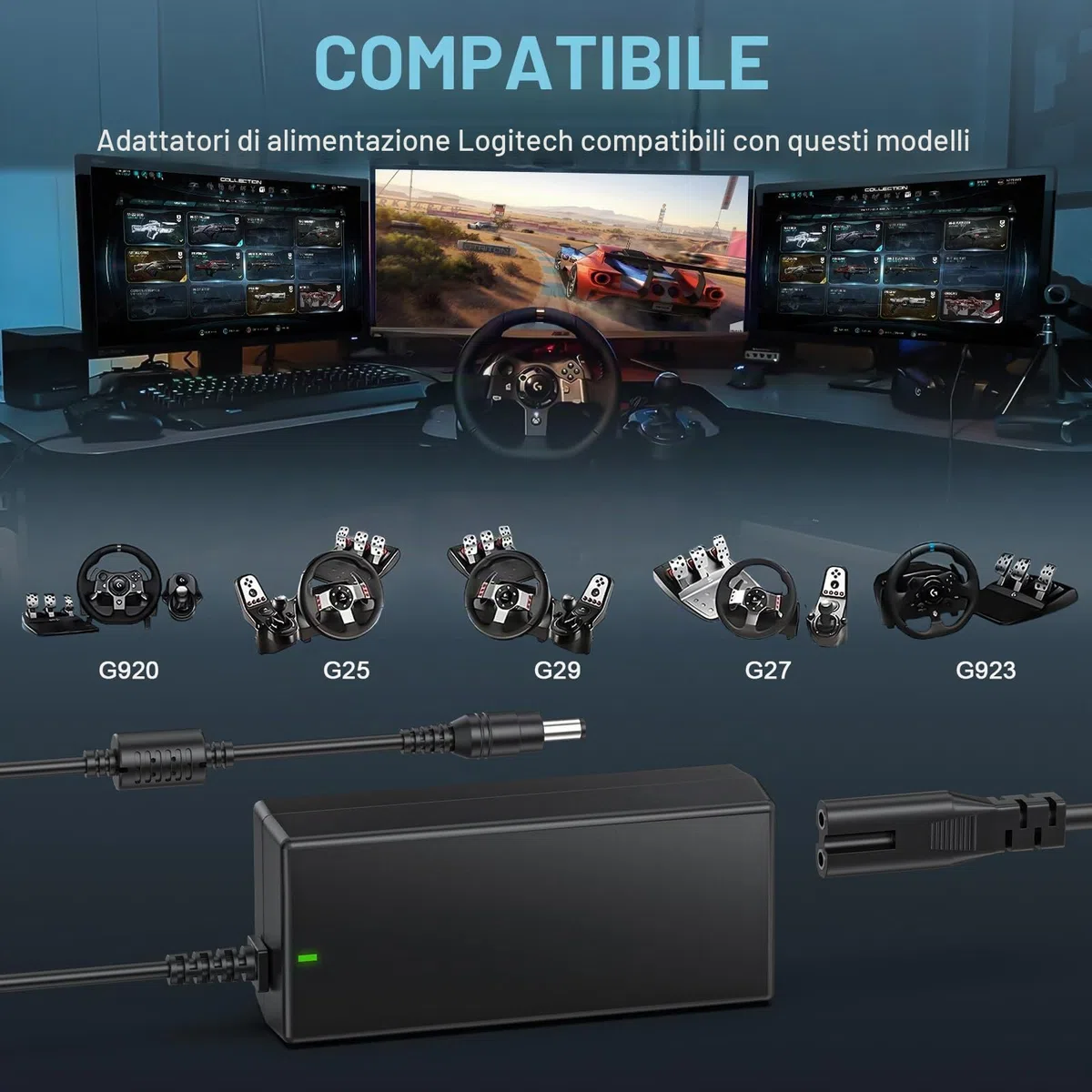 shefor Alimentatore Caricabatterie 24V Compatibile con Logitech Racing Wheel G920 G923 G940 G25 G27 G29 GT Microsoft Wireless Xbox 360 E-X5C19 EX5C19 841-000038 PS3 G25 190211-0010 Adattatore