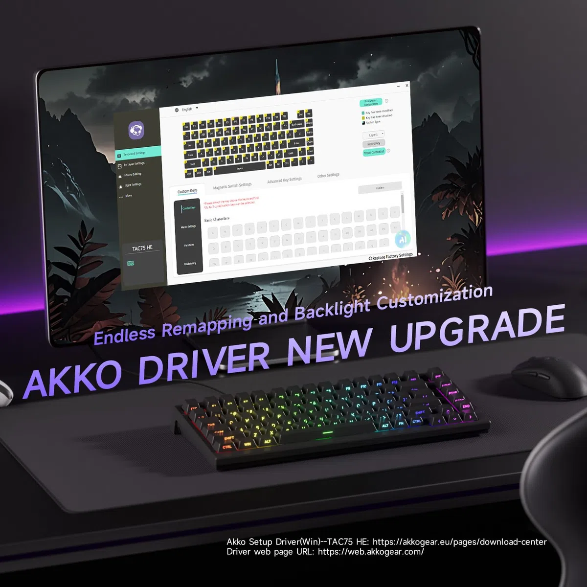 Akko Tastiera gaming cablata a grilletto rapido TAC75, switch magnetici ad effetto Hall, layout USA al 75%, frequenza di polling di 8K Hz, tasti in PBT (nero lucido, switch magnetico antiriflesso)