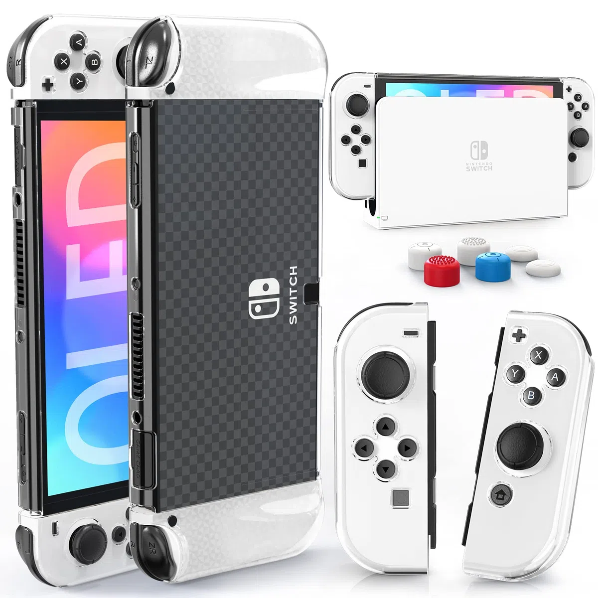HEYSTOP Custodia compatibile con Nintendo Switch OLED modello 2021, protettiva per PC, agganciabile comoda in TPU Joy-Con e 6 tappi per bastone