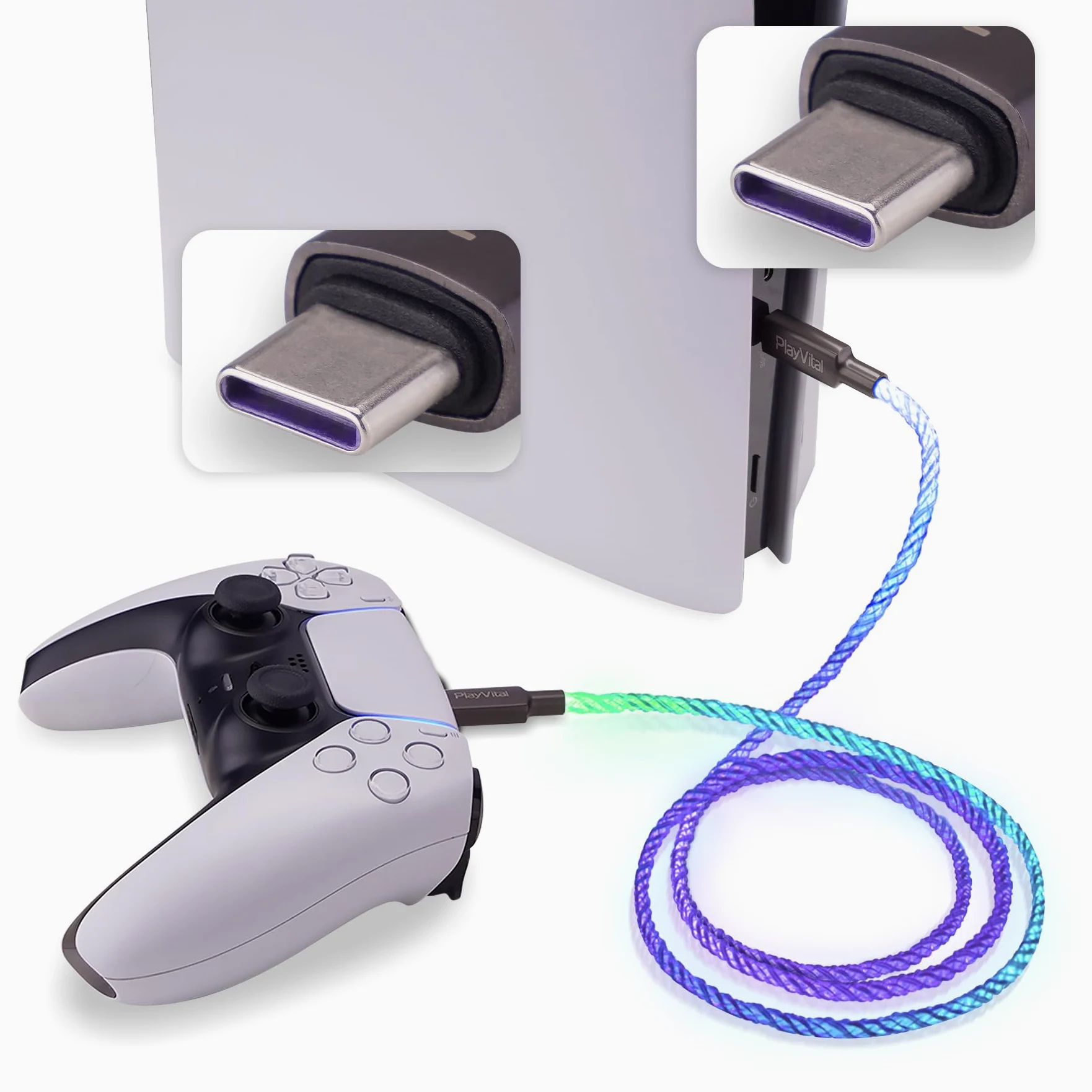 playvital 2M Cavo Type C Luminoso per ps5/Edge Controller,Cavetto Dati Ricarica USB Tipo C con LED per Xbox Series X S/Elite Series 2,per Switch PRO 1/2 Joystick