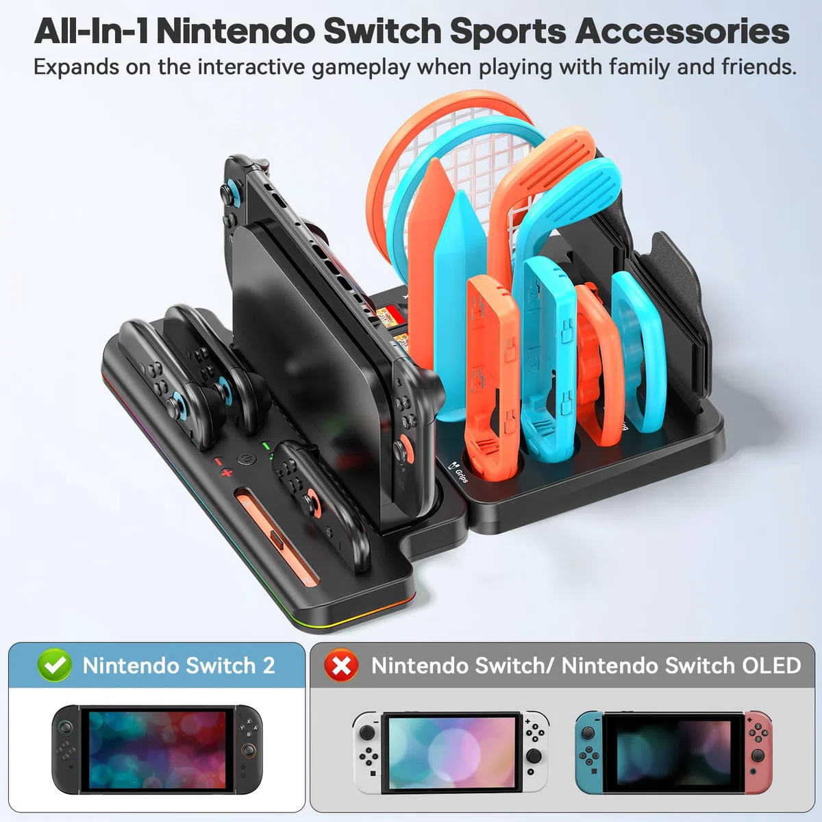All-In-1 Kit Accessori per Switch 2 Sports con Stazione di Organizzativa & Caricatore Joy-con 2, Switch Organizer per Gioco Sport Nintendo Switch 2025, Switch 2 Accessories Kit Sports per la Famiglia