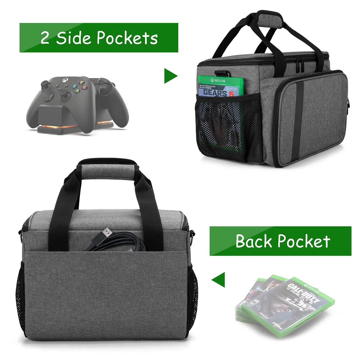 CURMIO Borsa da trasporto compatibile con console di gioco Xbox Series X e accessori, borsa da trasporto portatile con tracolla per controller, cavi, cuffie, solo borsa, Grigio