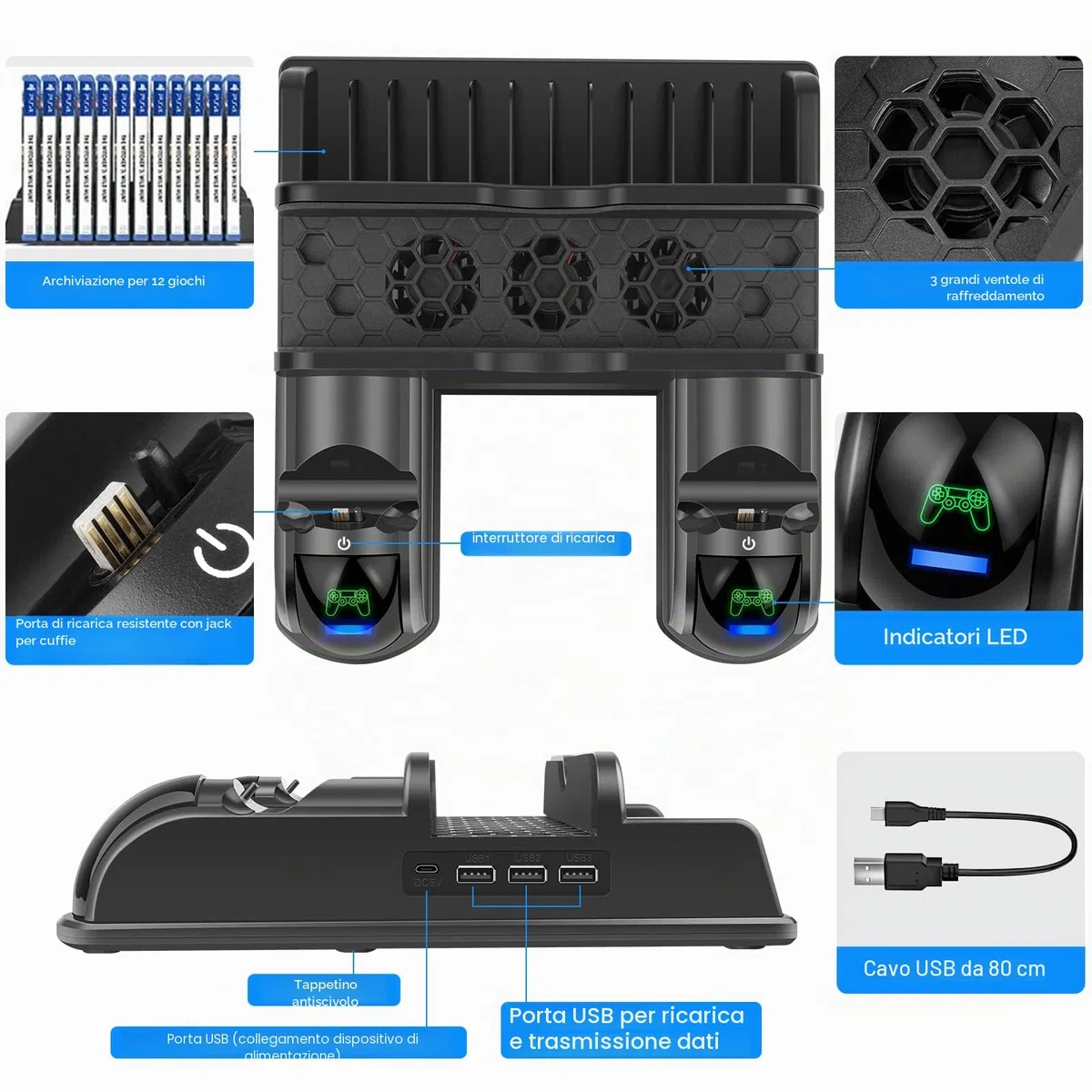 Labtec Supporto PS4 con ventola di raffreddamento e stazione di ricarica doppio controller per Playstation 4/Slim/Pro, 12 slot di gioco, accessori