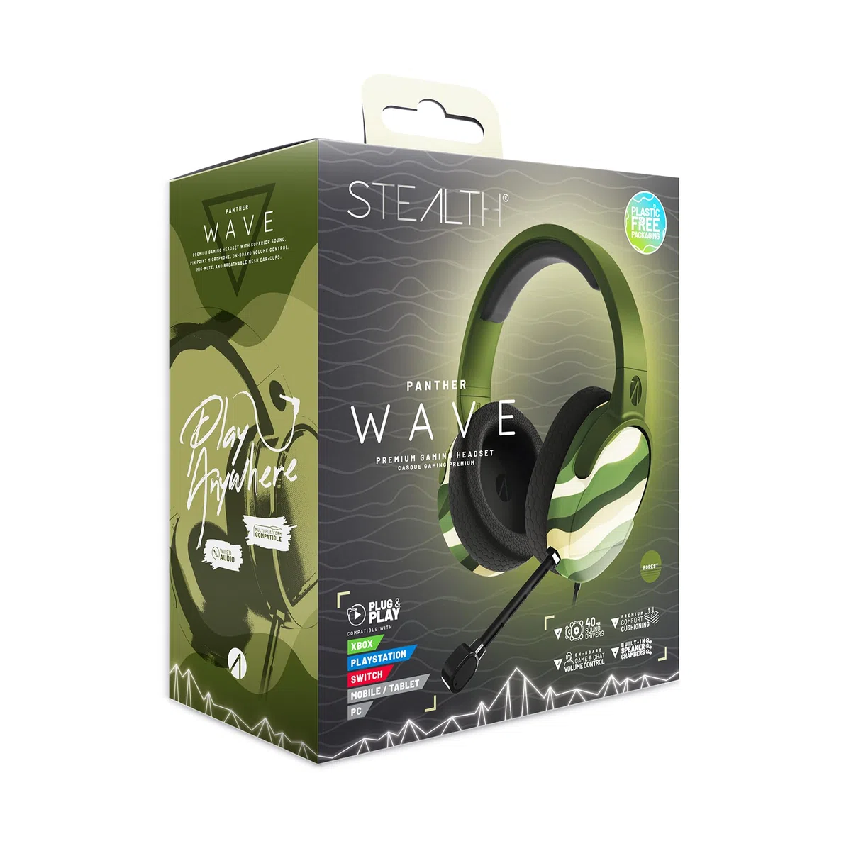 STEALTH PANTHER Wave - Cuffie da Gaming over-ear verde foresta, compatibili con PS4/PS5, XBOX, Switch, PC con microfono flessibile, jack da 3,5 mm, cavo da 1,5 m, leggere, comode e resistenti