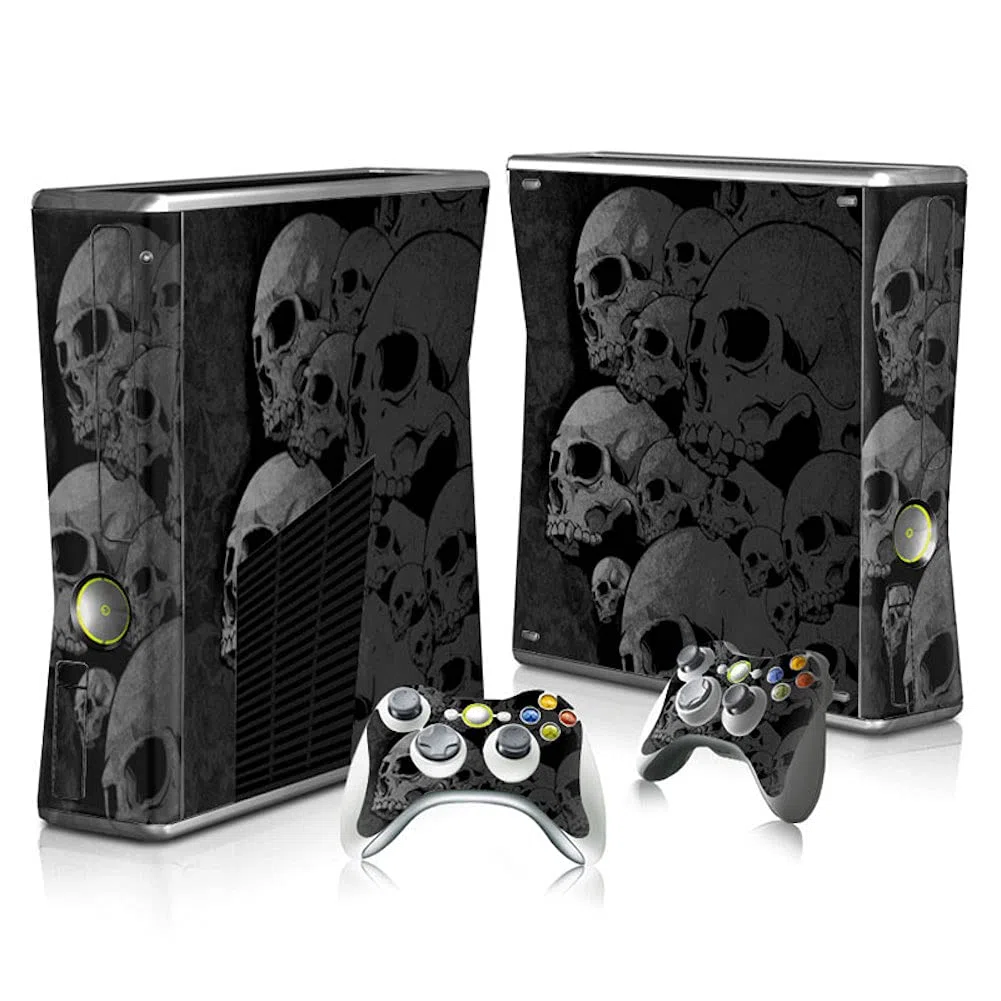 Adesivo sottile per Xbox 360 con due adesivi per controller wireless gratuiti, copertura protettiva in vinile per console Microsoft Xbox 360, teschio nero