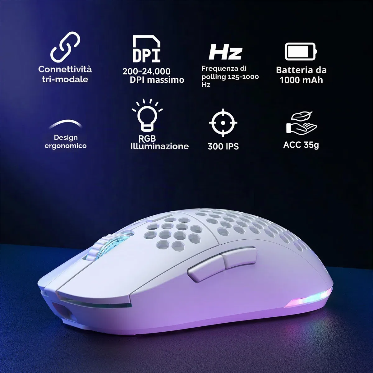 Dierya x TMKB M1 Mouse Wireless Gaming, Sensore Ottico 24,000 DPI, 90 g Leggero, 6 Pulsanti Programmabili, Illuminazione RGB, 2.4GHz/Bluetooth/USB-C mouse con filo/senza fili, Bianco
