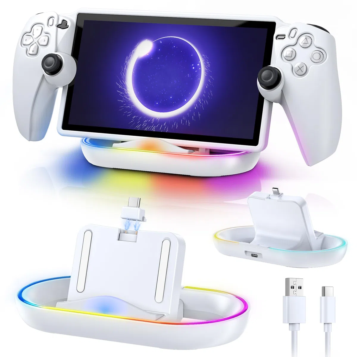FYOUNG Dock di ricarica per PlayStation Portal compatibile con copertura protettiva, supporto caricabatterie portatile RGB con cavo USB-C, stazione di ricarica con porta magnetica di tipo C per PS
