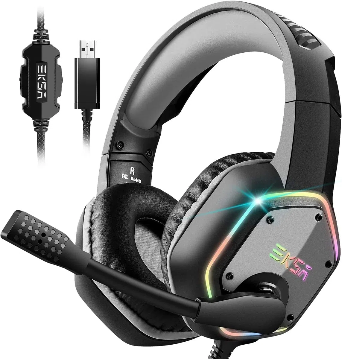 EKSA E1000 USB Cuffie Gaming per PC, Cuffie PS5 con Microfono，Cuffie da Gaming ENC Cancellazione del Rumore,Wired Headset with Mic Suono Surround 7.1,RGB Black