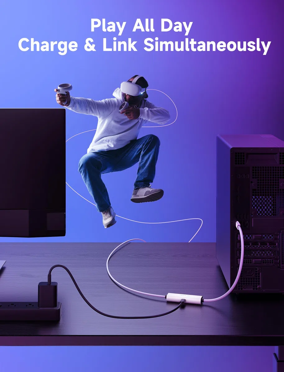 JSAUX Cavo Link 16ft con Ricarica 18W, Compatibile con Oculus Meta Quest 3S/3/2/Pro e Pico 4, Accessori PC VR e Steam VR, Cavo Dati 2-in-1 USB 3.0 ad Alta Velocità 5Gbps USB C per Visori VR