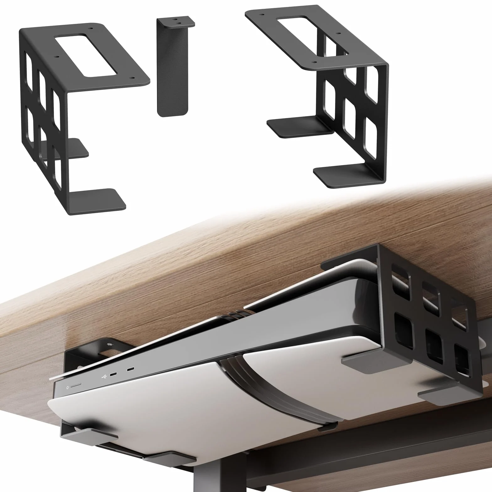 sciuU Supporto Orizzontale Sotto Scrivania/Supporto Parete Verticale compatibile con PS5 Pro Digital, PS5 Slim Digital, Xbox Series S, Xbox One – Porta Console da Muro/Tavolo in Acciaio Inox