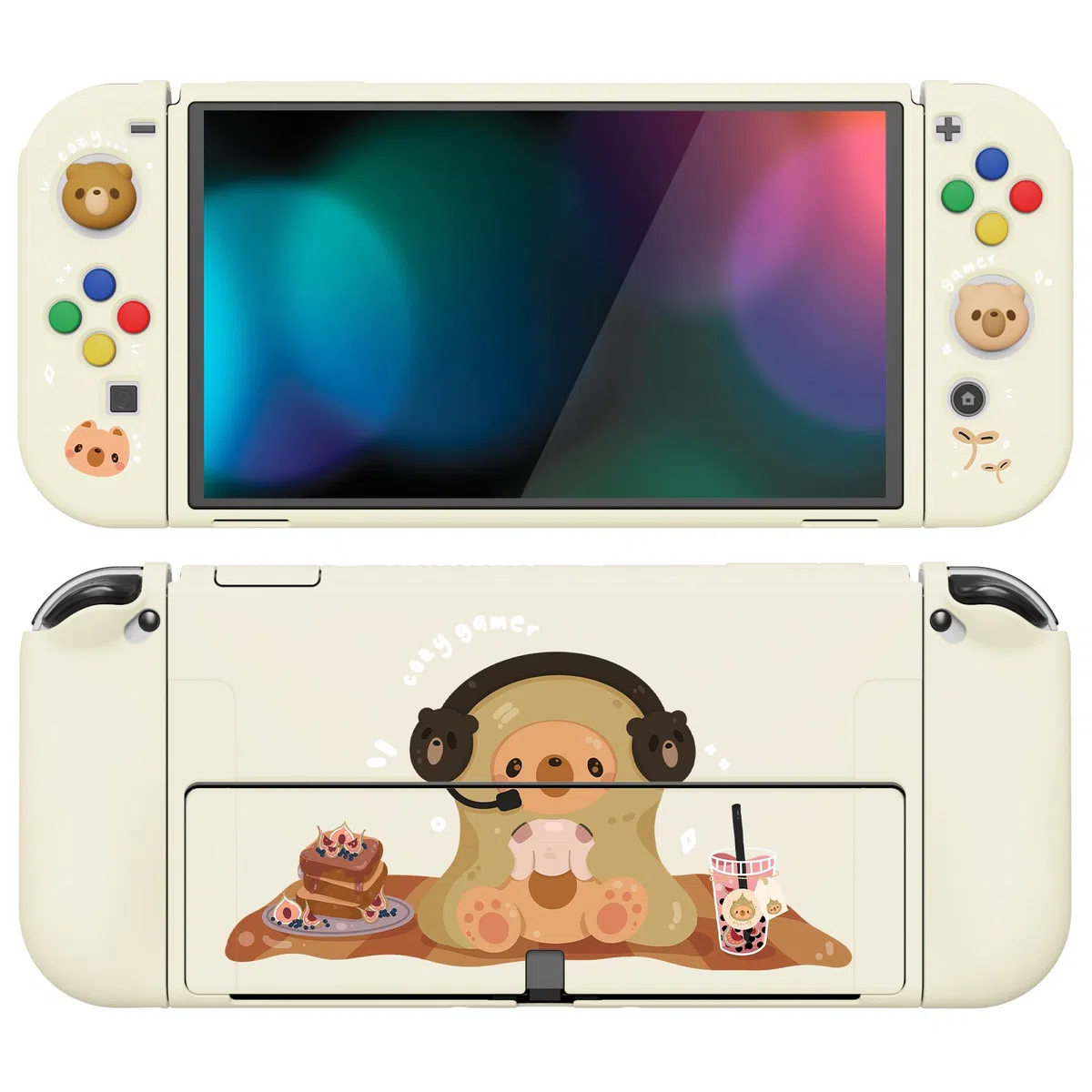 playvital Cover Custodia per Nintendo Switch OLED,Copertura Morbida TPU Protezione per Joycon Console con Copri Analogici/Tasti (ZealProtect) - Orso Giocatore