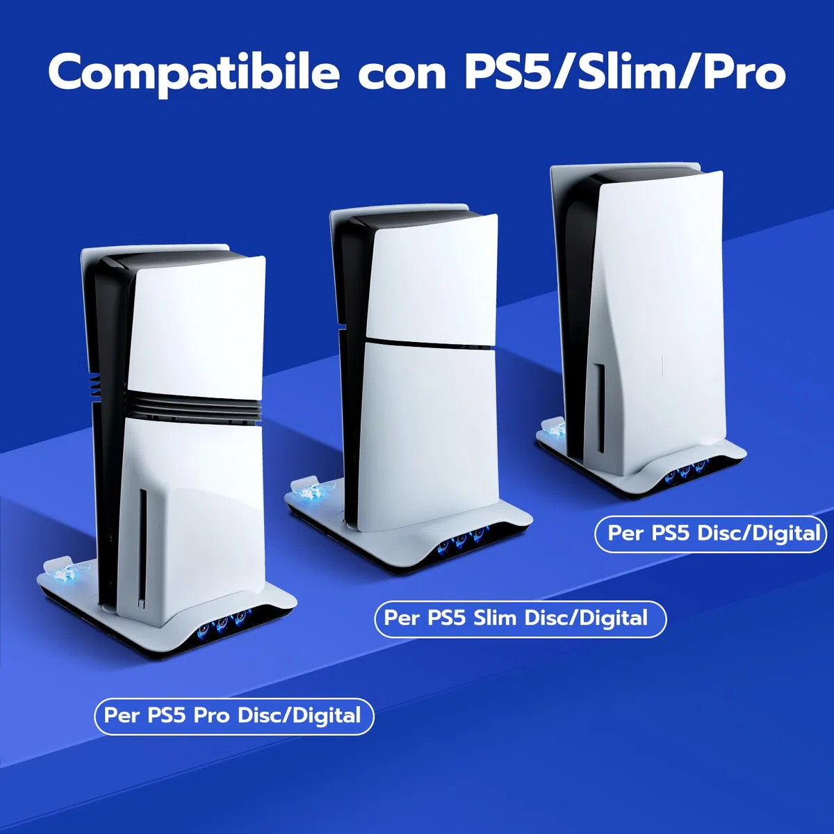 Mcbazel Supporto di Raffreddamento con Dock di Ricarica per Console PS5/PS5 Slim/PS5 Pro, Ventole a Velocità Multipla con Luci LED, Caricatore Doppio per Controller, Base per Edizione Disc/Digitale