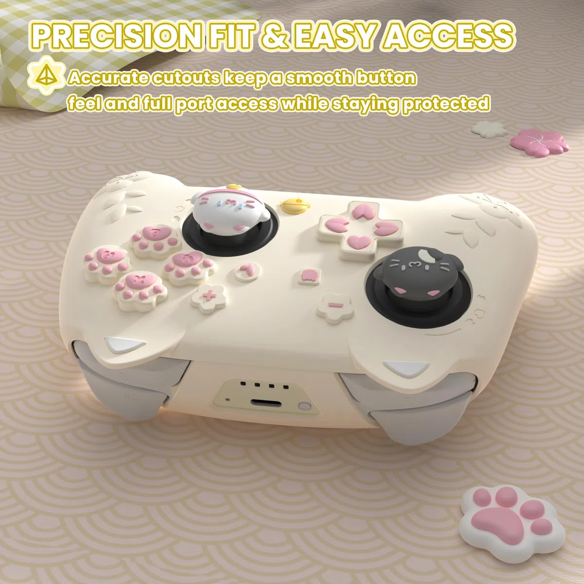 PlayVital Custodia in Silicone per Nintendo Switch 2 Pro Controller, Cover Protettiva con Copri Levette Analogiche, Tasti Posteriori e Adesivi, Accessori Carini, Gattino di Fiori-Giallo