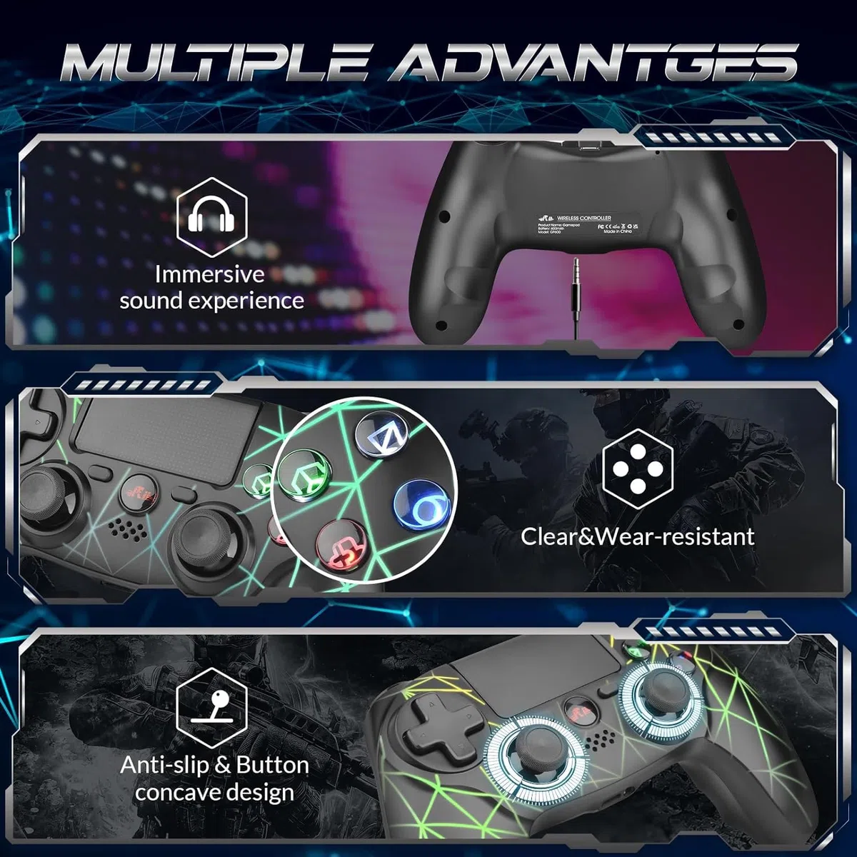 Rii Gaming GP600 - Gamepad Bluetooth + USB con mouse touchpad, altoparlante, microfono, vibrazione e retroilluminazione compatibile con PlayStation 4, Windows, Mac, Android, Fire TV, Raspberry Pi