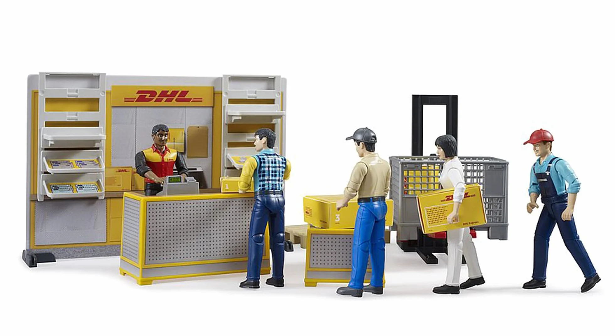bruder 62251 - bworld Negozio di pacchi DHL con dipendenti DHL, servizio pacchi, logistica, spedizioni
