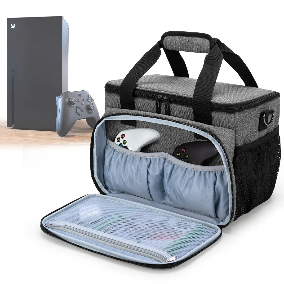 CURMIO Borsa da trasporto compatibile con console di gioco Xbox Series X e accessori, borsa da trasporto portatile con tracolla per controller, cavi, cuffie, solo borsa, Grigio