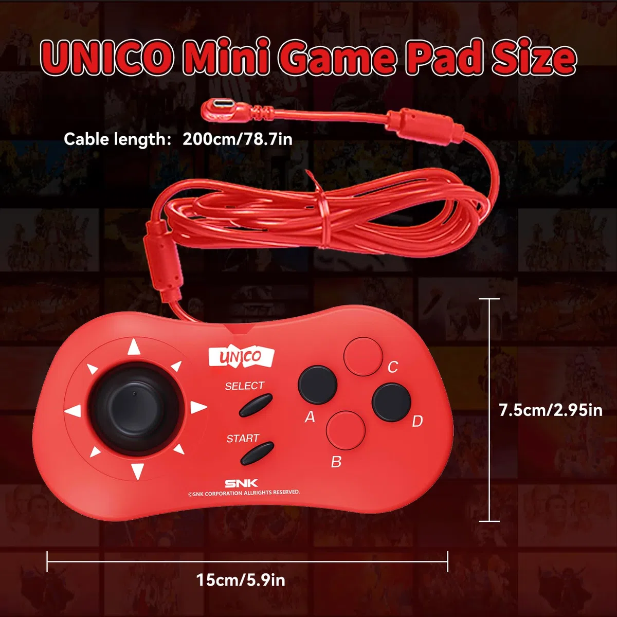 UNICO Mini Controller, Wired Game Pad compatibile MVS Mini/NEOGEO Mini/NEO-GEO Arcade Stick Pro per due giocatori che possono giocare simultaneamente - Rosso