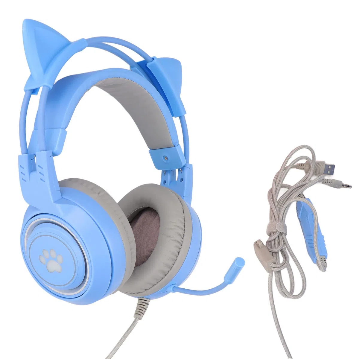 Yunseity Cuffie da Gioco, Cuffie con Orecchie di Gatto Rimovibili USB + 3,5 Mm con Microfono con Cancellazione del Rumore, Cuffie da Gioco per, One, PC, Telefono Cellulare(Blu)