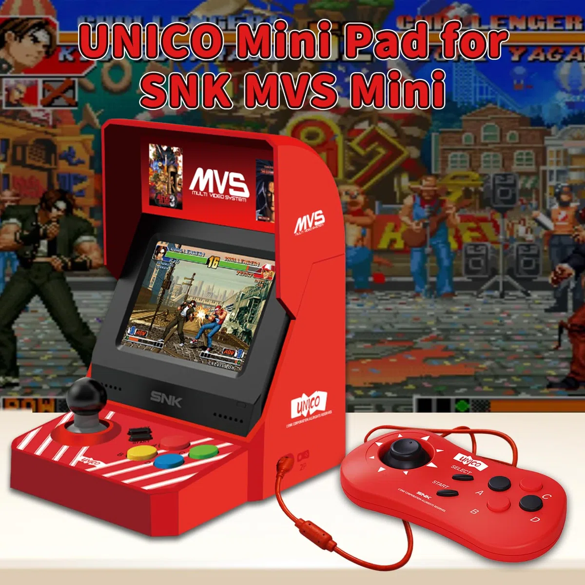 UNICO Mini Controller, Wired Game Pad compatibile MVS Mini/NEOGEO Mini/NEO-GEO Arcade Stick Pro per due giocatori che possono giocare simultaneamente - Rosso