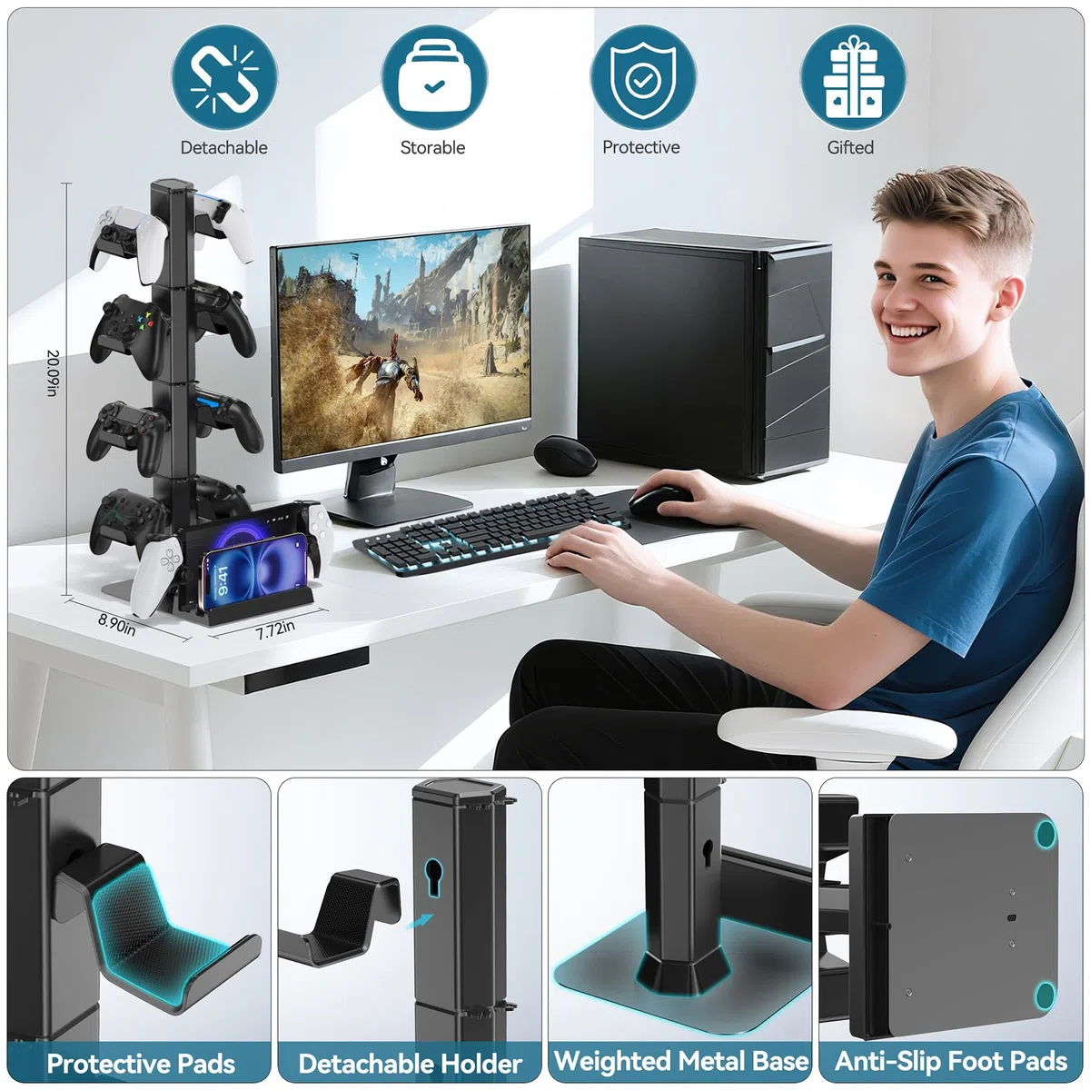 Supporto per Cuffie e Controller, 4 Gancio Rimovibile Porta Controller PS5 con Organizer per Cavi, Scatola Portaoggetti Accessori Gaming per PS5/Xbox/Switch, Porta Cuffie da Scrivania Accessori PS5