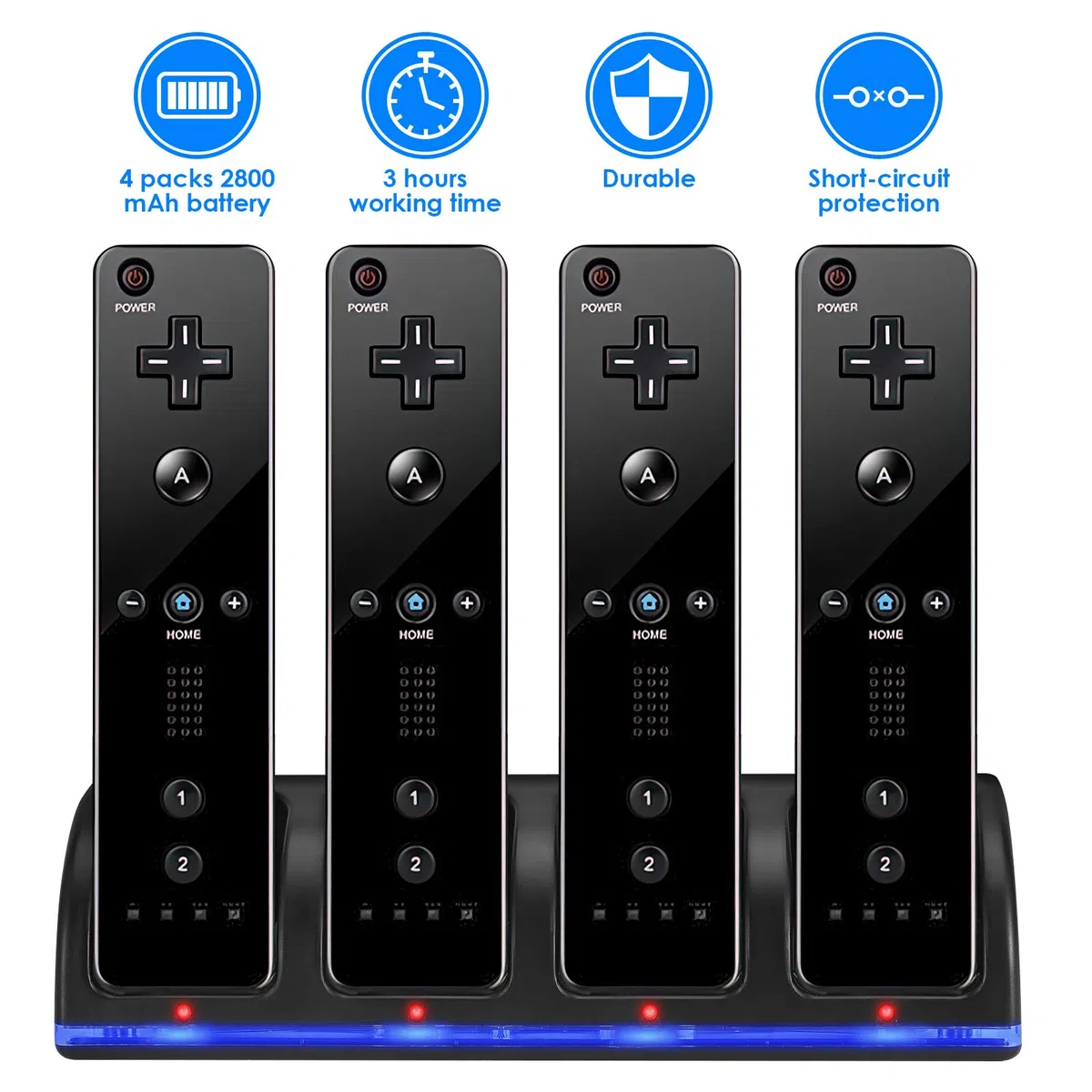 SANON Stazione di Ricarica per Controller Wii, 4 Dock di Ricarica Dock Station per Caricatore Remoto Wii con 4 Batterie Ricaricabili da 2800mAh & indicatori LED, Nero