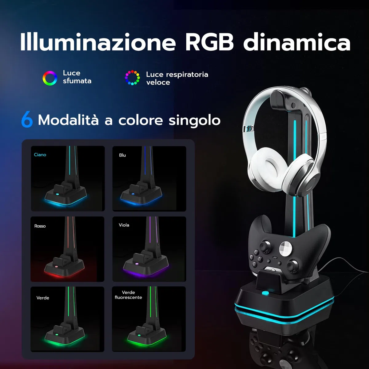 Wigearss Stazione di Ricarica, Caricatore per Xbox Series X/S, Xbox Elite 1/2, Xbox One, Xbox One X/S Controller DualSense con Supporto per Cuffie, Illuminazione RGB