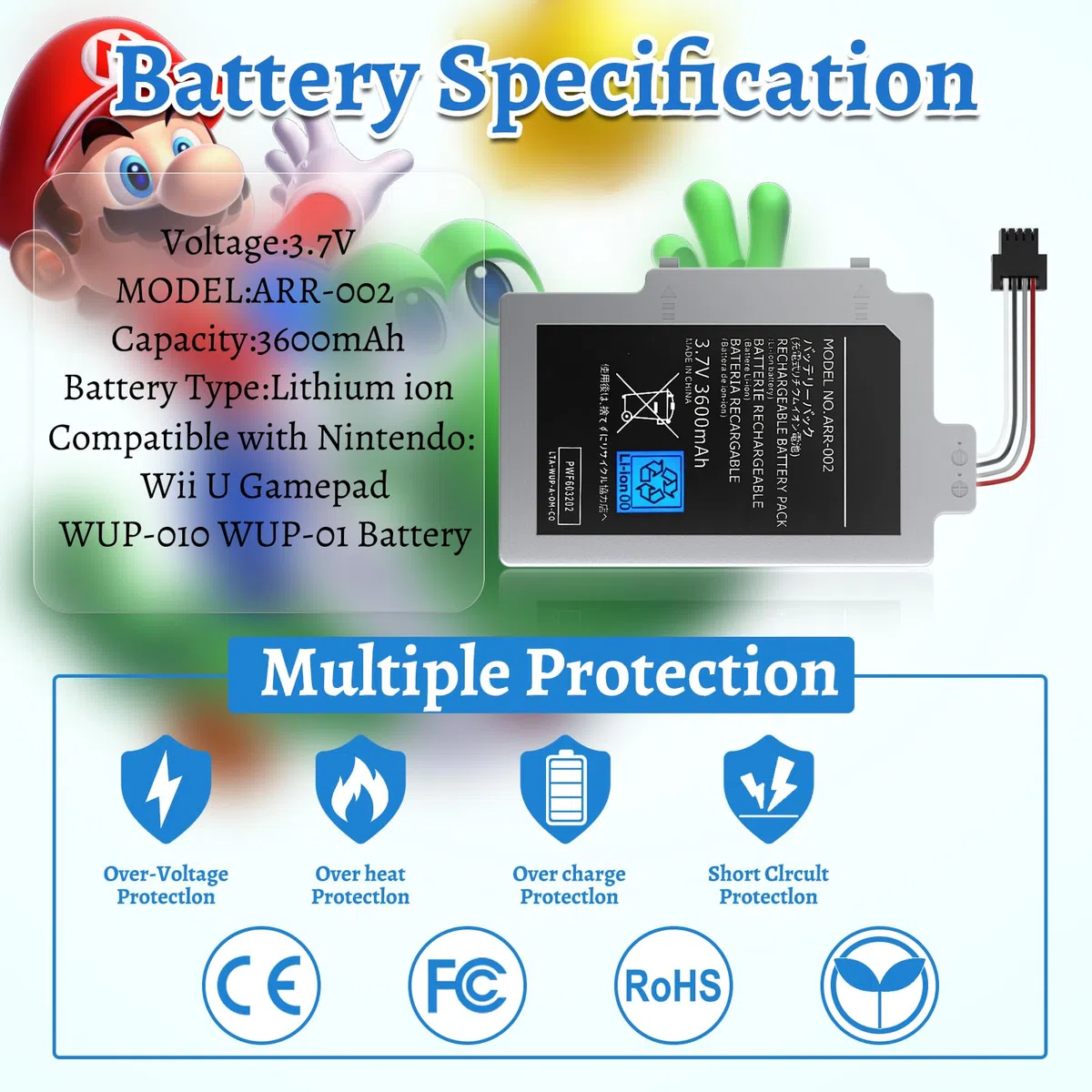 Batteria di ricambio per Wii U Gamepad ad alta capacità per Wii U Gamepad WUP-010 WUP-002 ARR-002 AC1748 AC1612