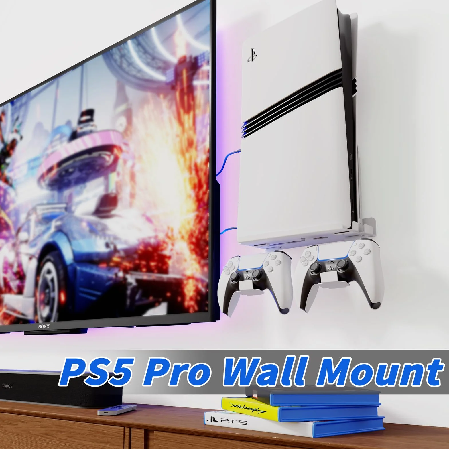 sciuU Supporto da Parete per PS5 Pro / PS5 Slim Console & Controller - Staffa da Muro in Acciaio da 2mm compatibile con PlayStation 5 Pro/Slim Disco/Digitale Edizione + 2 Porta Controller PS5 /Edge