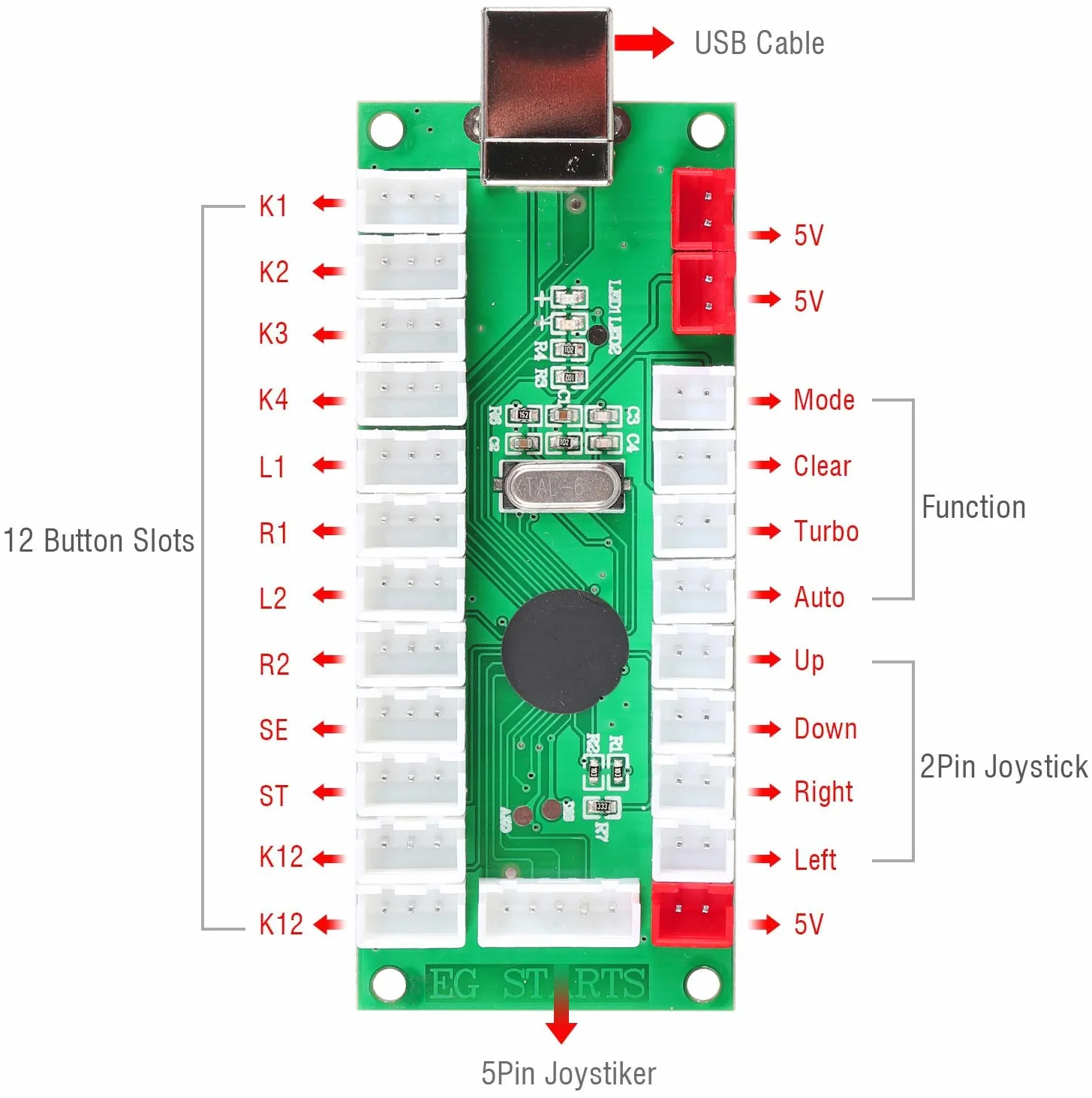 EG STARTS 1 giocatore LED Arcade fai da te Part Kit USB Encoder per PC Gamepad Ellisse & Ovale Stile Bat Joystick + 5V LED Arcade Pulsanti per Videogiochi Mame Raspberry Pi Arcade1up (cromati misti)