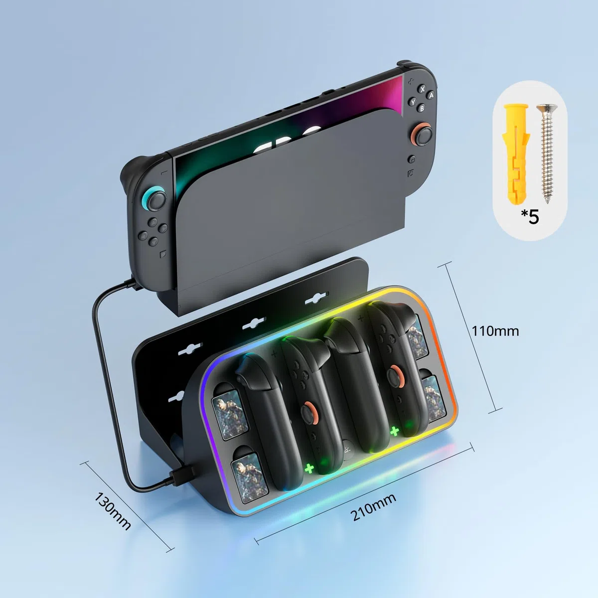 MANKIW Stazione Ricarica Per Nintendo Switch 2, Caricatore 4 In 1 Per 2 Controller Joy-Con Con LED Indicatori & Luci RGB, Dock TV, Ricarica Da Parete