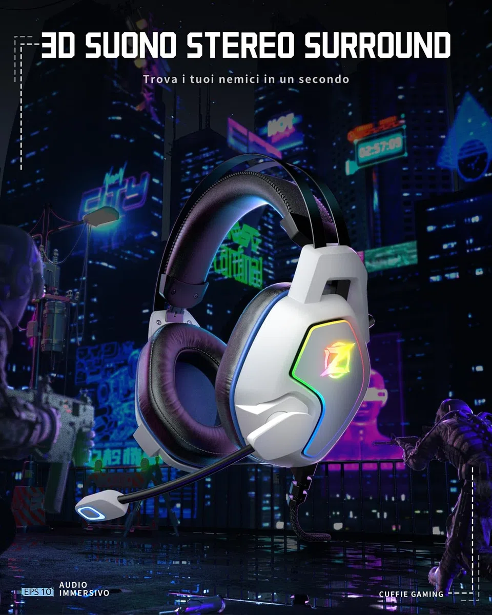 Ozeino Cuffie da gioco per PS4 PS5 PC Xbox One Switch, cuffie over-ear con suono surround, microfono con cancellazione del rumore, fascia a sospensione bianca