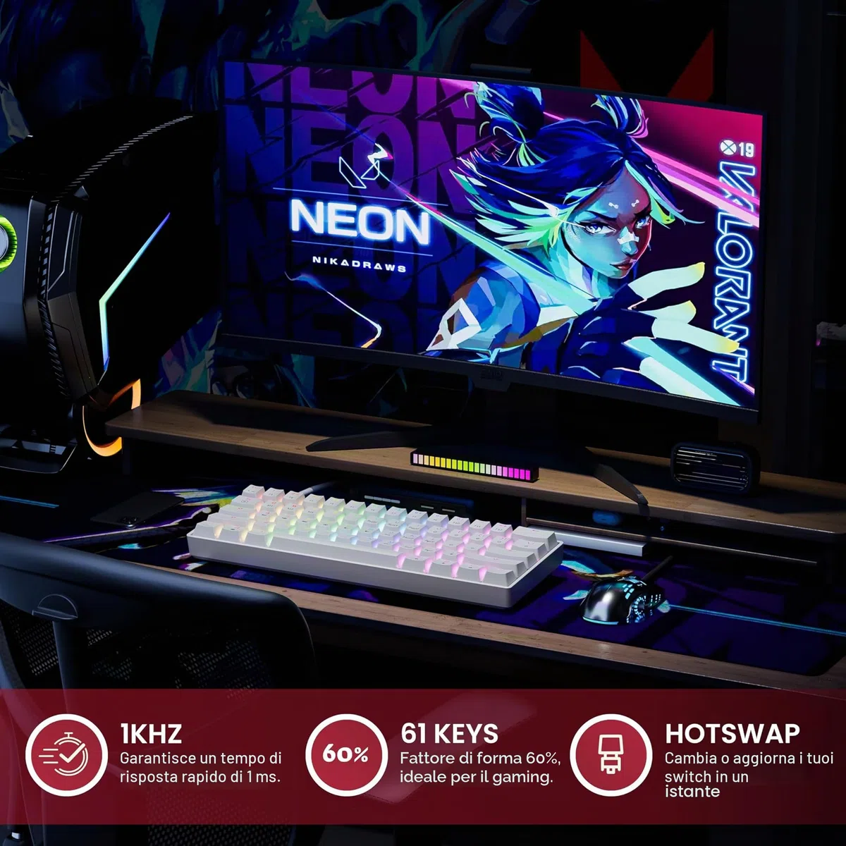 GK61, Tastiera meccanica da gaming, 61 tasti multicolore RGB, retroilluminata con illuminazione a LED, con cavo, programmabile, cablata, per giocatori su PC e Mac (layout italiano non garantito