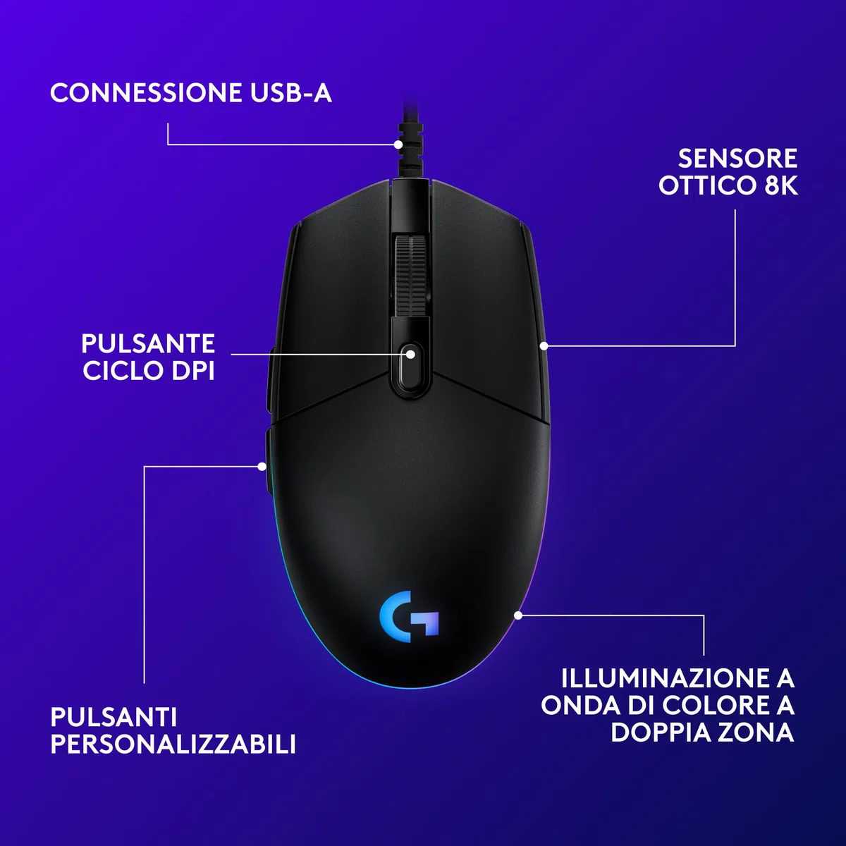 Logitech G G203 LIGHTSYNC Mouse Gaming con Illuminazione RGB, Personalizzabile, 6 Pulsanti Programmabili, Sensore per Gaming, Tracciamento a 8.000 DPI, Peso Ridotto - Nero