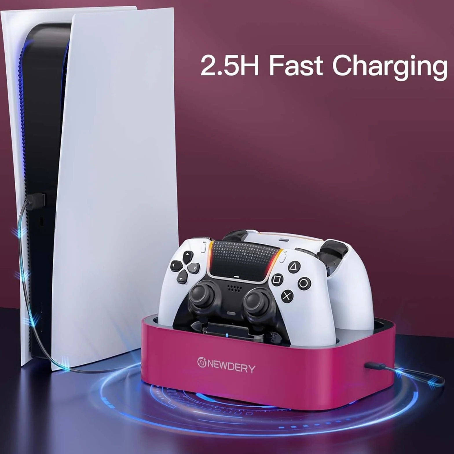 NEWDERY Stazione di ricarica per controller PS5 compatibile con Dualsense Edge, stazione di ricarica rapida con cavo, stazione di ricarica doppio controller per PlayStation 5 e Dual-Sense Edge