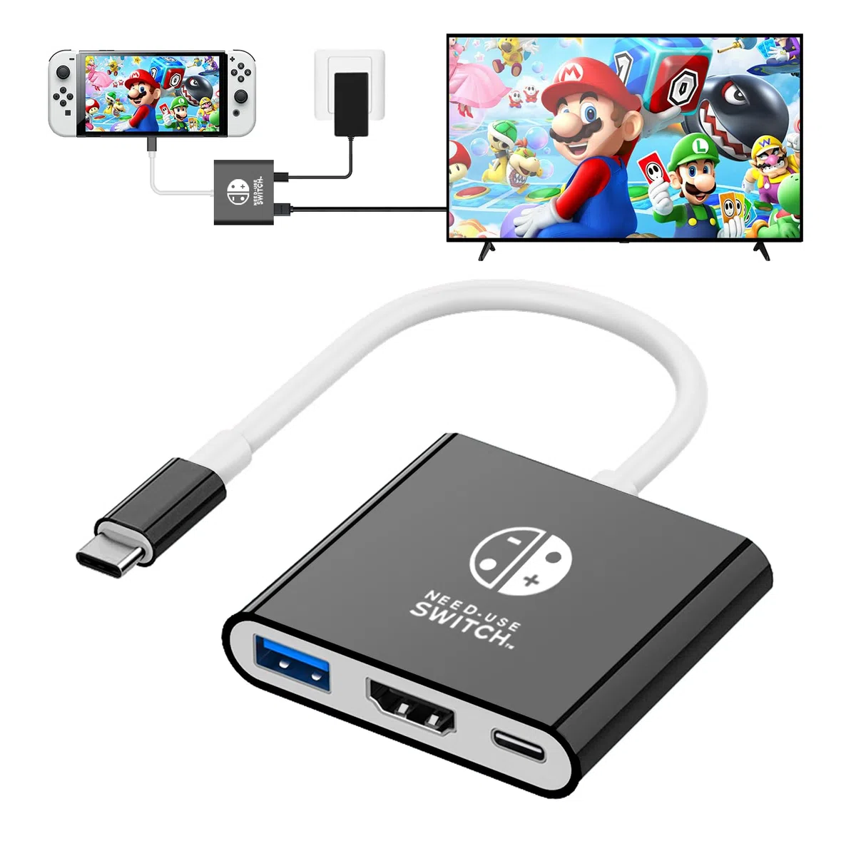 Adattatore USB C a HDMI per switch NS/OLED, Dock 3 in 1 TV Switch Adattatore con cavo HDMI 4K, ricarica 100 W tipo C, compatibile con switch NS/OLED, Steam Deck, Smartphone, PC (nero)