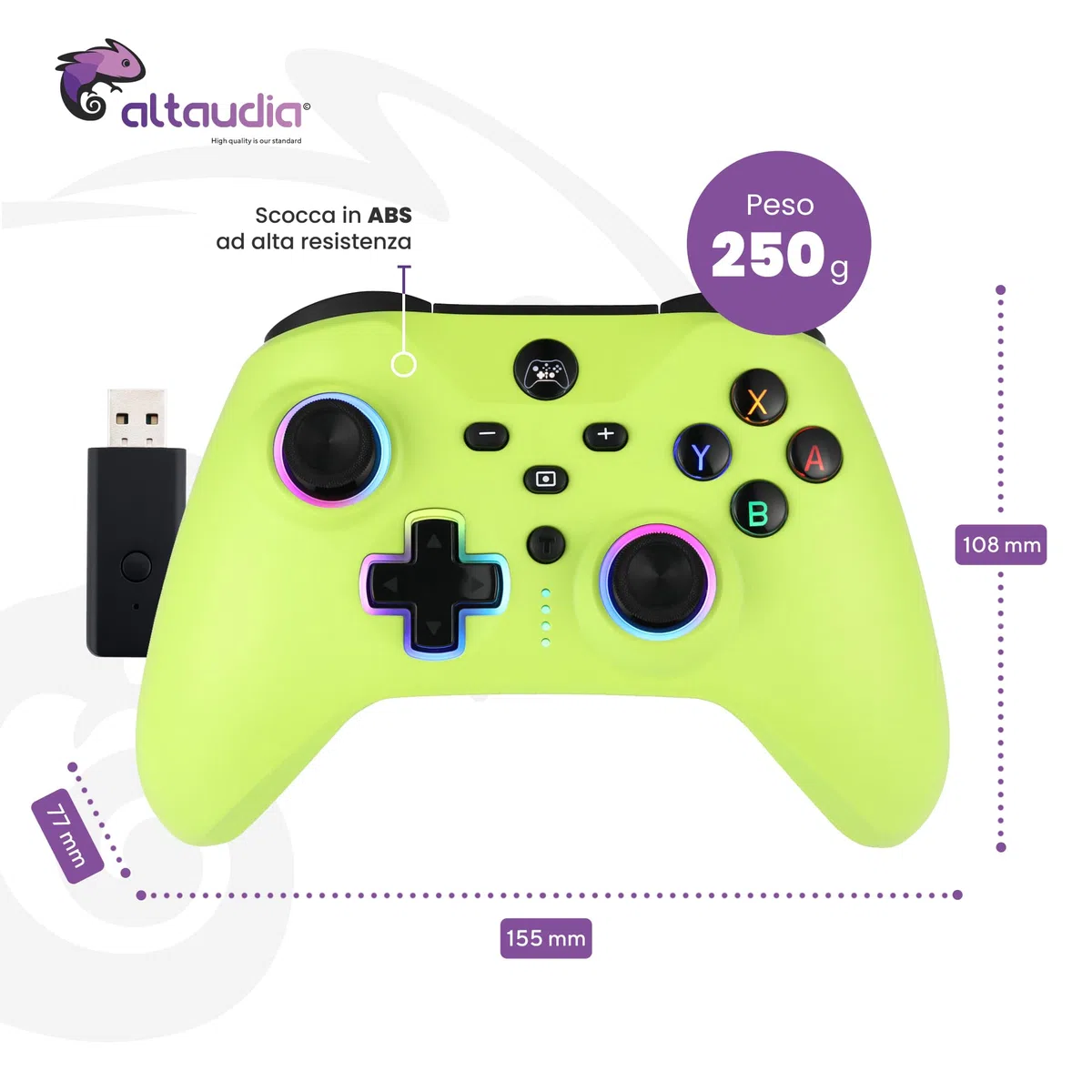 Altaudia Controller Wireless Bluetooth per PC - Compatibile con PC, Switch/Smartphone Android e iOS, Connessione USB, 2 Pulsanti Macro, Doppia Vibrazione, 6 Assi, Luci LED RGB, Colore Verde