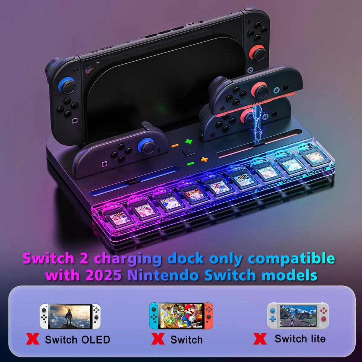 Stazione di Ricarica Joy Con Switch 2 (2025), Stazione di Ricarica per Controller Switch 2 con 7 Luci RGB, Ricarica 4 Impugnature Switch 2, Contiene 9 Schede di Gioco Switch e Accessori per Console Sw